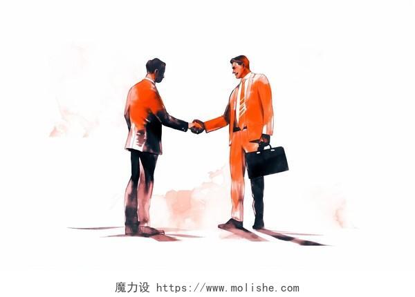人物人物两个商人拿着公文包握手卡通水彩AI插画